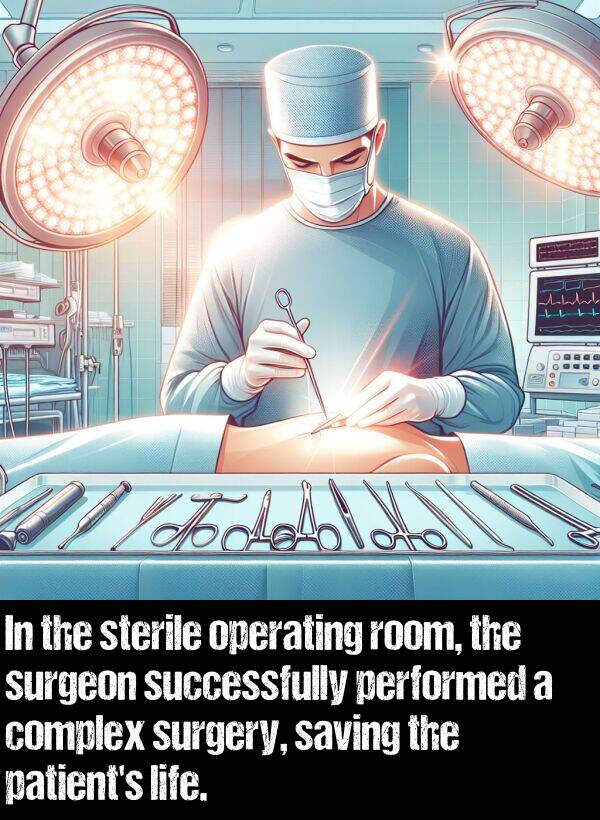 operating: In the sterile operating room, the surgeon successfully performed a complex surgery, saving the patient's life.