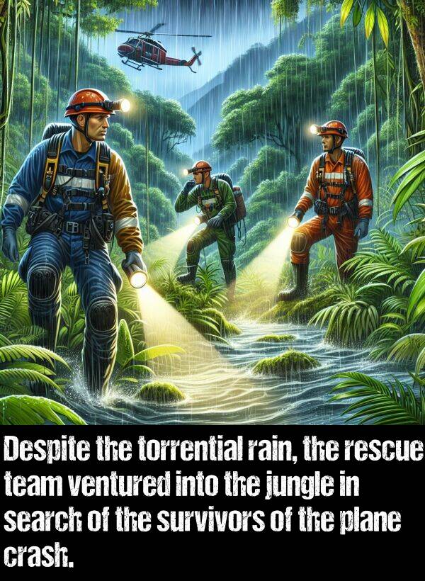 rain: Despite the torrential rain, the rescue team ventured into the jungle in search of the survivors of the plane crash.