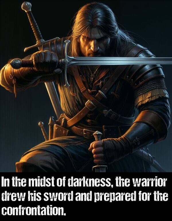 darkness: In the midst of darkness, the warrior drew his sword and prepared for the confrontation.
