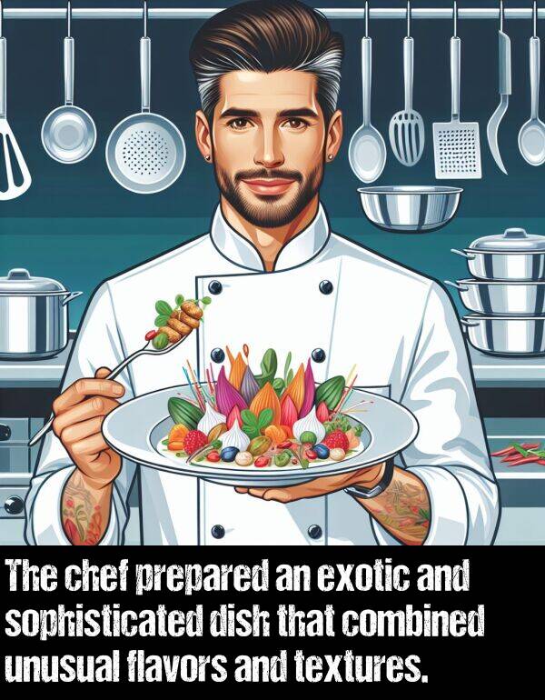 textures: The chef prepared an exotic and sophisticated dish that combined unusual flavors and textures.