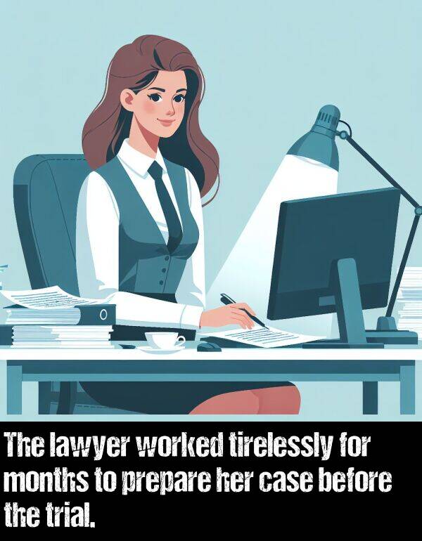 lawyer: The lawyer worked tirelessly for months to prepare her case before the trial.