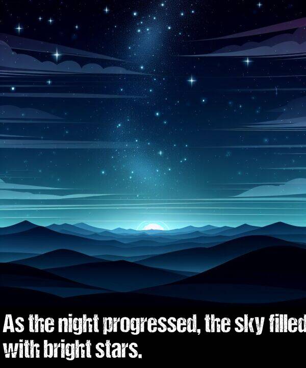 bright: As the night progressed, the sky filled with bright stars.