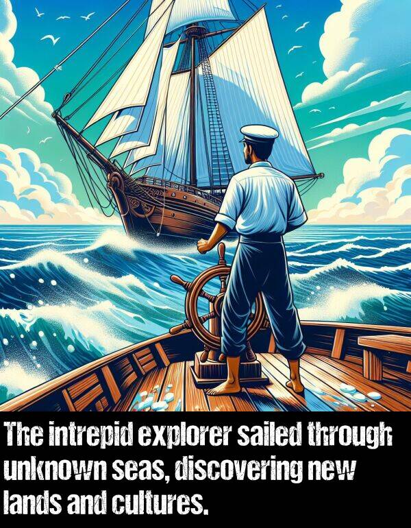 lands: The intrepid explorer sailed through unknown seas, discovering new lands and cultures.
