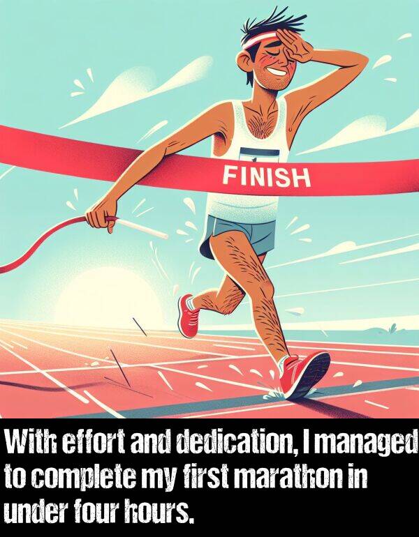 under: With effort and dedication, I managed to complete my first marathon in under four hours.