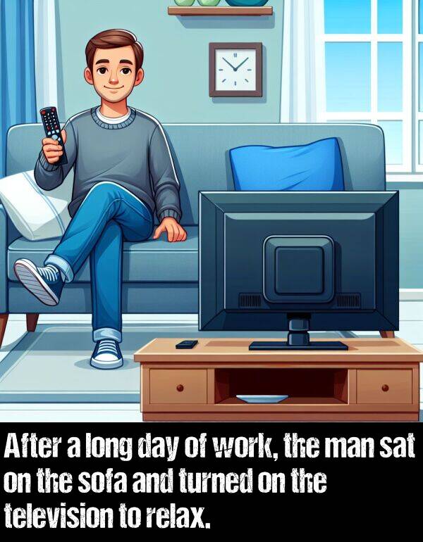 sat: After a long day of work, the man sat on the sofa and turned on the television to relax.