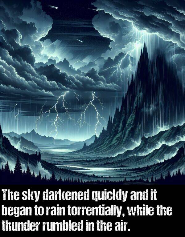 began: The sky darkened quickly and it began to rain torrentially, while the thunder rumbled in the air.