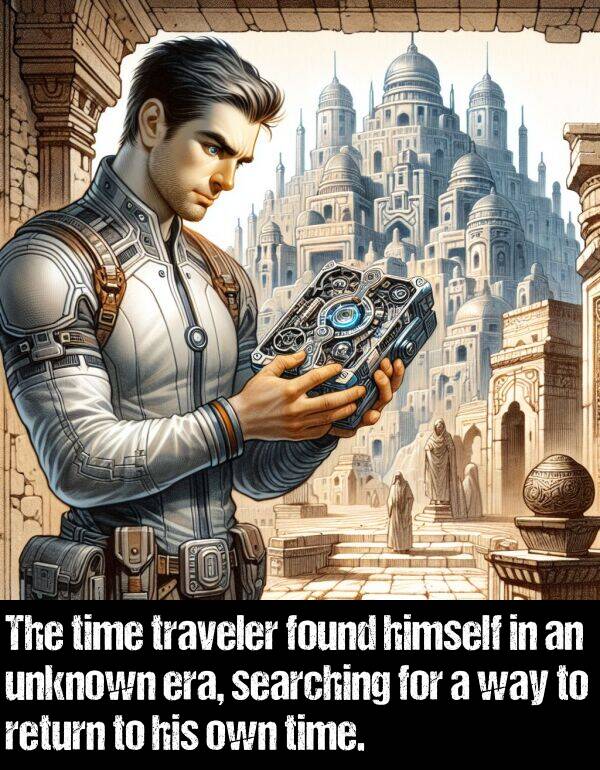 searching: The time traveler found himself in an unknown era, searching for a way to return to his own time.