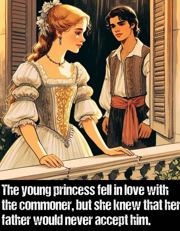 young: The young princess fell in love with the commoner, but she knew that her father would never accept him.