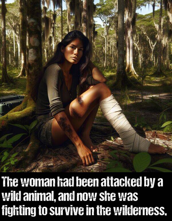 been: The woman had been attacked by a wild animal, and now she was fighting to survive in the wilderness.
