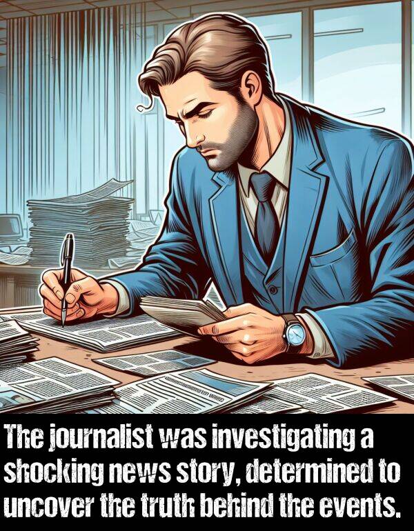 news: The journalist was investigating a shocking news story, determined to uncover the truth behind the events.