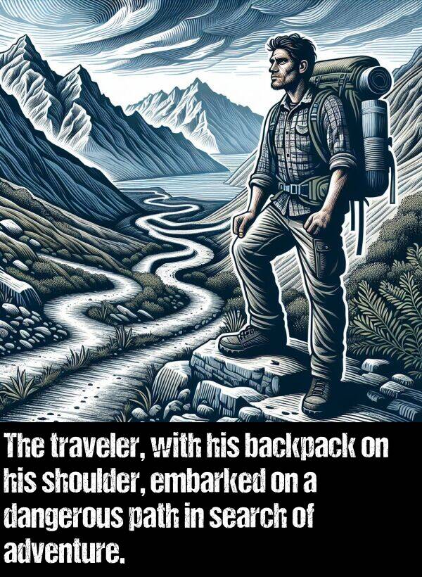 backpack: The traveler, with his backpack on his shoulder, embarked on a dangerous path in search of adventure.