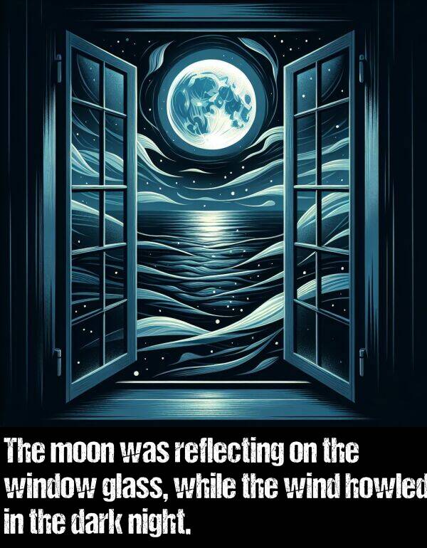 while: The moon was reflecting on the window glass, while the wind howled in the dark night.