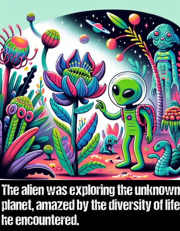 unknown: The alien was exploring the unknown planet, amazed by the diversity of life he encountered.
