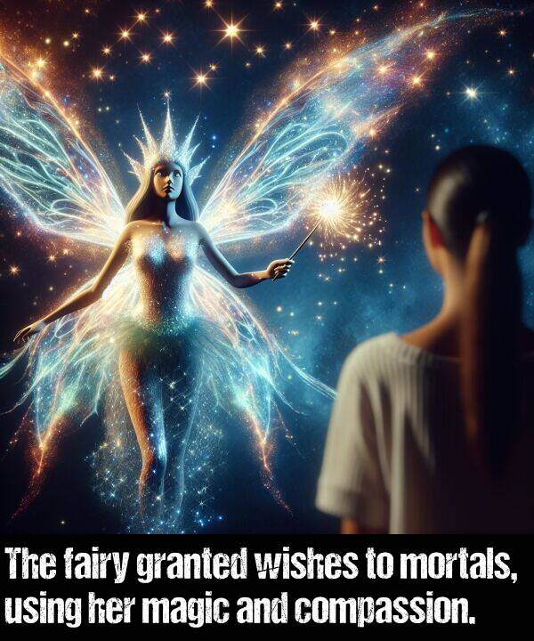 fairy: The fairy granted wishes to mortals, using her magic and compassion.