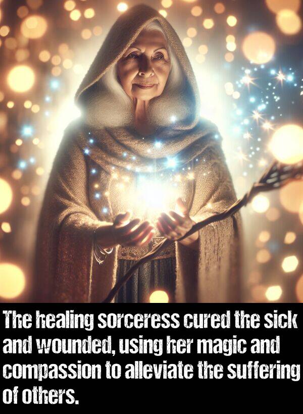 healing: The healing sorceress cured the sick and wounded, using her magic and compassion to alleviate the suffering of others.