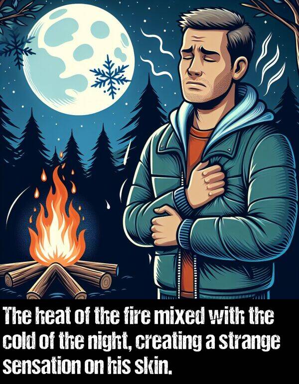 skin: The heat of the fire mixed with the cold of the night, creating a strange sensation on his skin.
