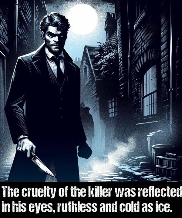 killer: The cruelty of the killer was reflected in his eyes, ruthless and cold as ice.