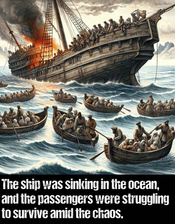 passengers: The ship was sinking in the ocean, and the passengers were struggling to survive amid the chaos.