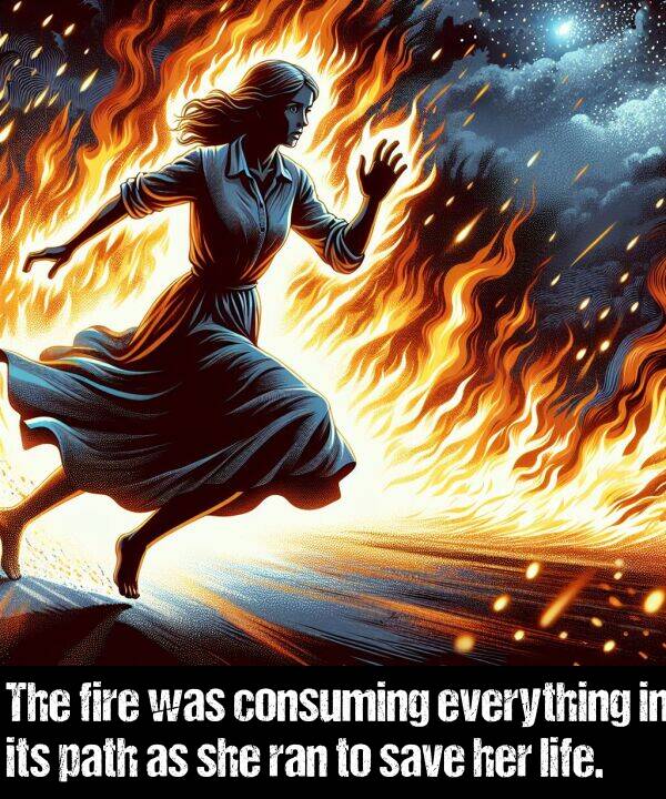 save: The fire was consuming everything in its path as she ran to save her life.