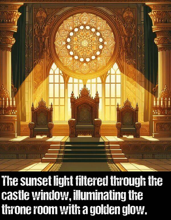 light: The sunset light filtered through the castle window, illuminating the throne room with a golden glow.