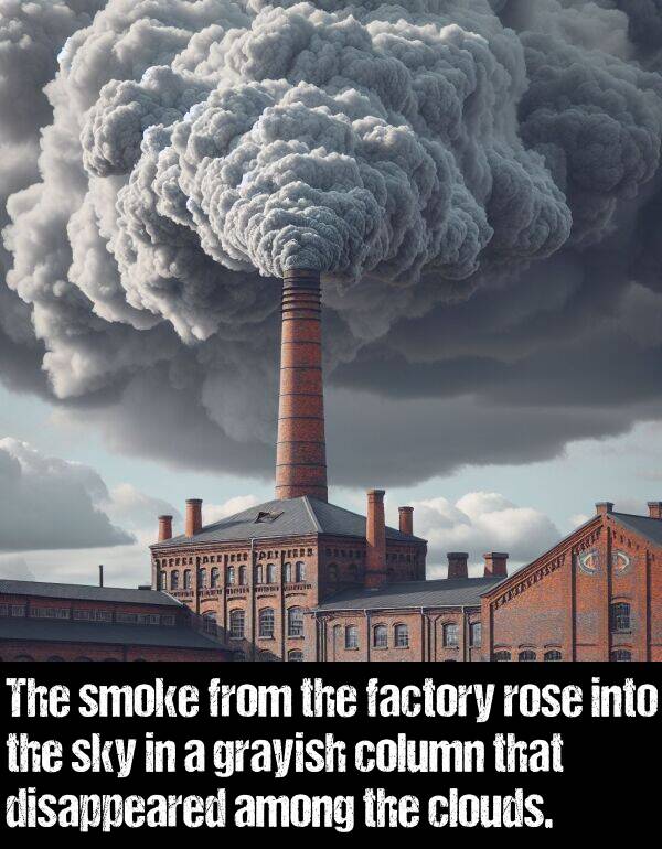 factory: The smoke from the factory rose into the sky in a grayish column that disappeared among the clouds.