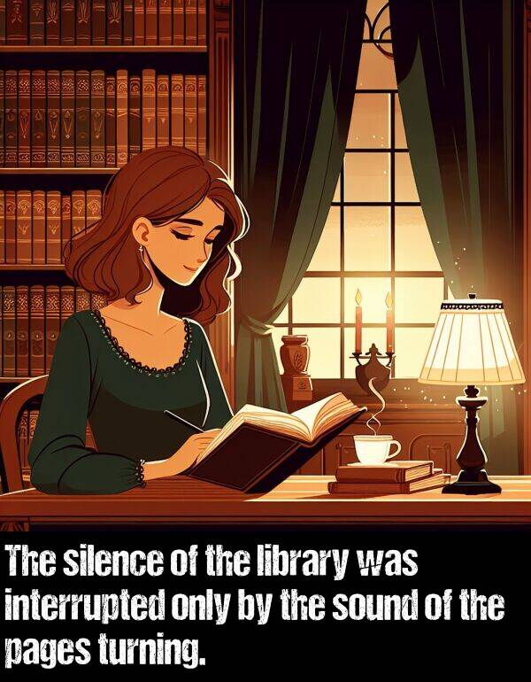 library: The silence of the library was interrupted only by the sound of the pages turning.