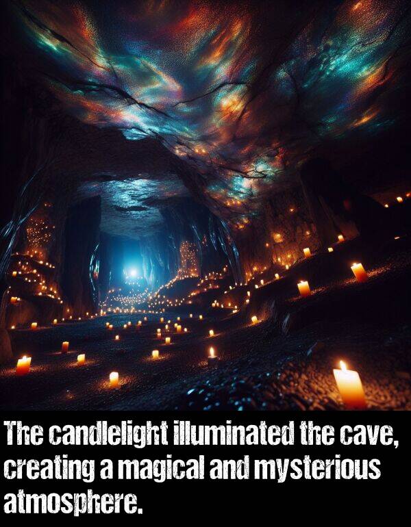 mysterious: The candlelight illuminated the cave, creating a magical and mysterious atmosphere.