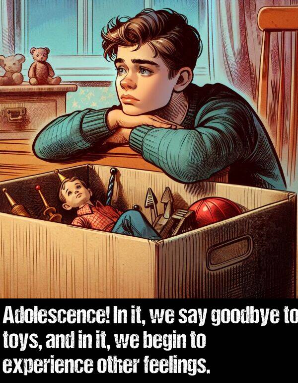 feelings: Adolescence! In it, we say goodbye to toys, and in it, we begin to experience other feelings.