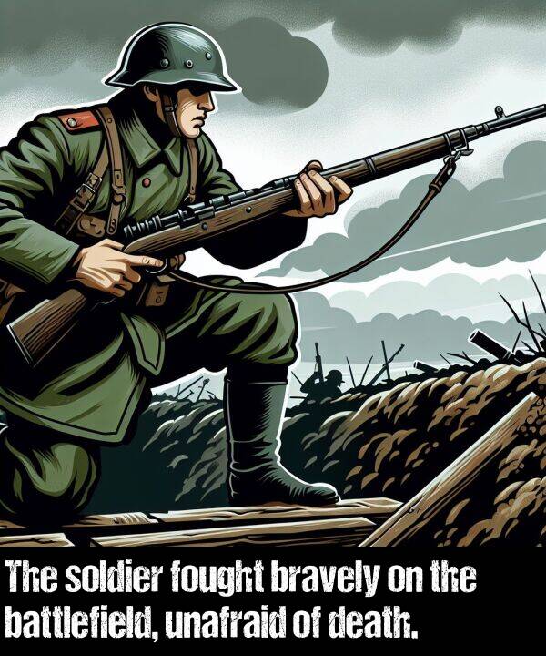 battlefield: The soldier fought bravely on the battlefield, unafraid of death.