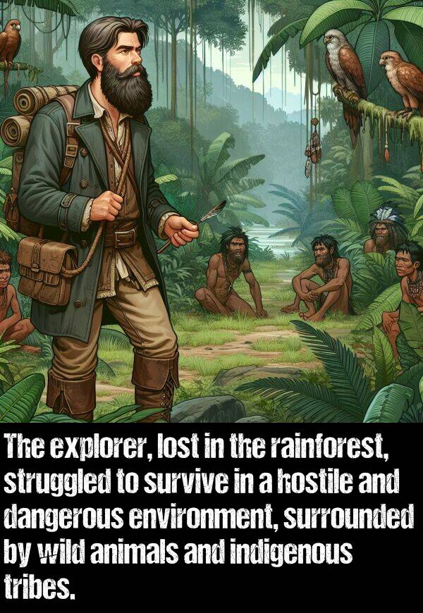 lost: The explorer, lost in the rainforest, struggled to survive in a hostile and dangerous environment, surrounded by wild animals and indigenous tribes.