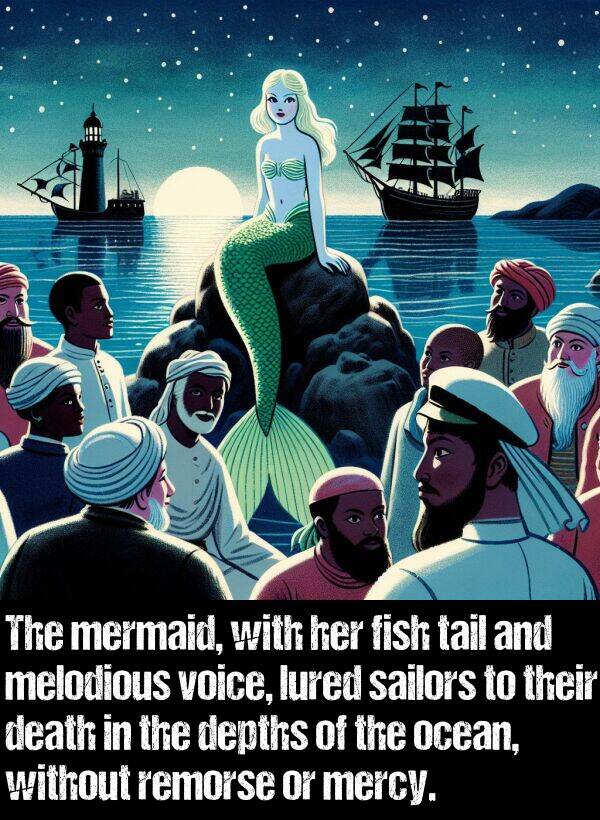 without: The mermaid, with her fish tail and melodious voice, lured sailors to their death in the depths of the ocean, without remorse or mercy.