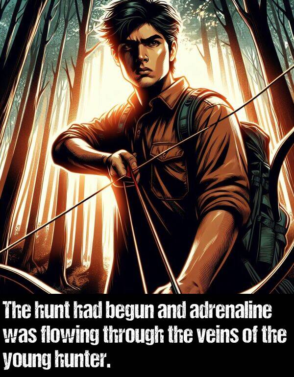 begun: The hunt had begun and adrenaline was flowing through the veins of the young hunter.