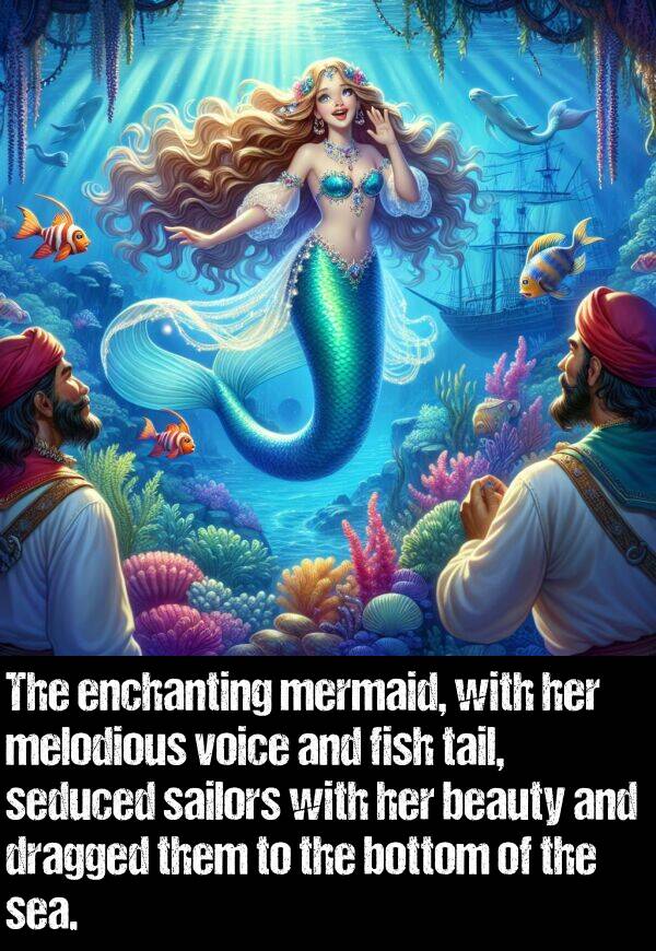 bottom: The enchanting mermaid, with her melodious voice and fish tail, seduced sailors with her beauty and dragged them to the bottom of the sea.