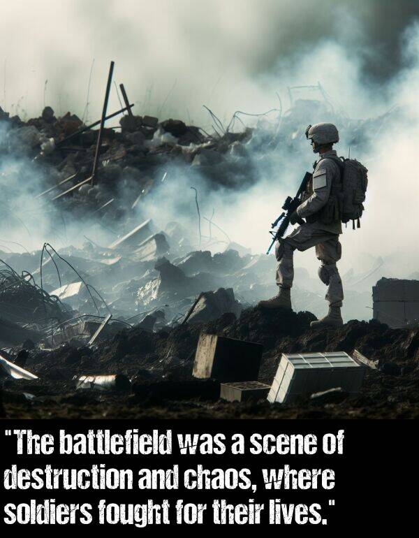 battlefield: "The battlefield was a scene of destruction and chaos, where soldiers fought for their lives."