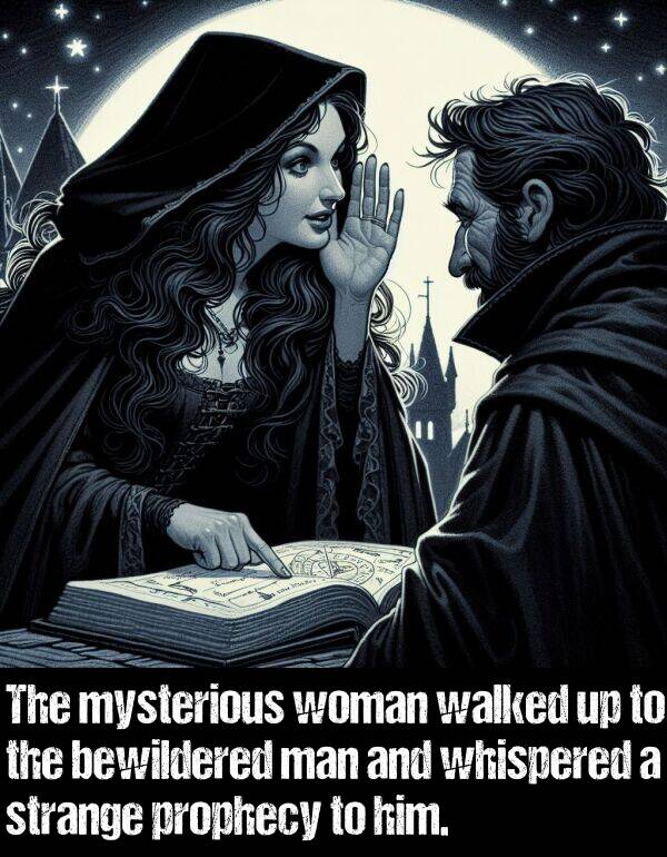 mysterious: The mysterious woman walked up to the bewildered man and whispered a strange prophecy to him.