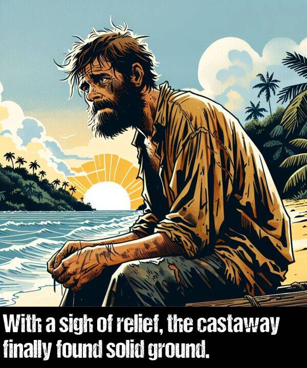 castaway: With a sigh of relief, the castaway finally found solid ground.