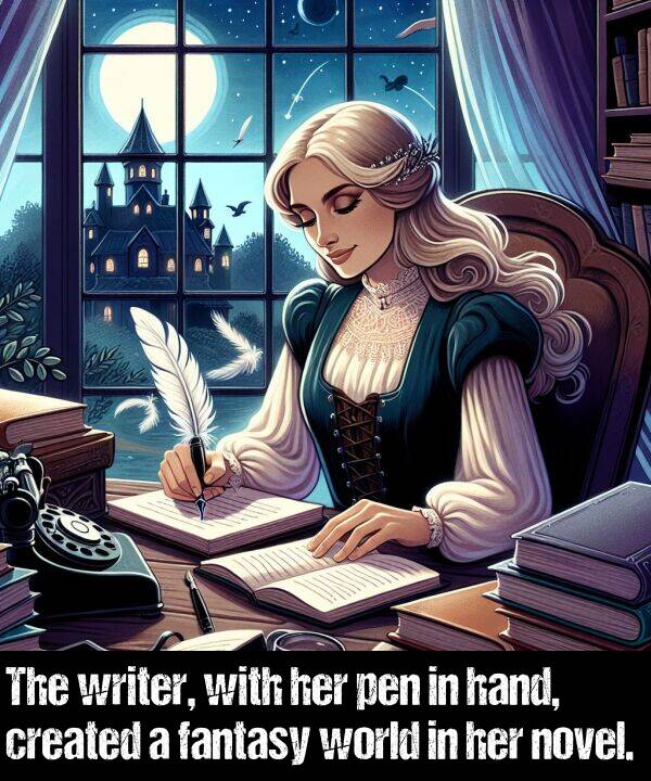 hand: The writer, with her pen in hand, created a fantasy world in her novel.