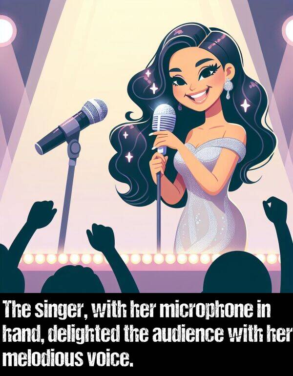 hand: The singer, with her microphone in hand, delighted the audience with her melodious voice.