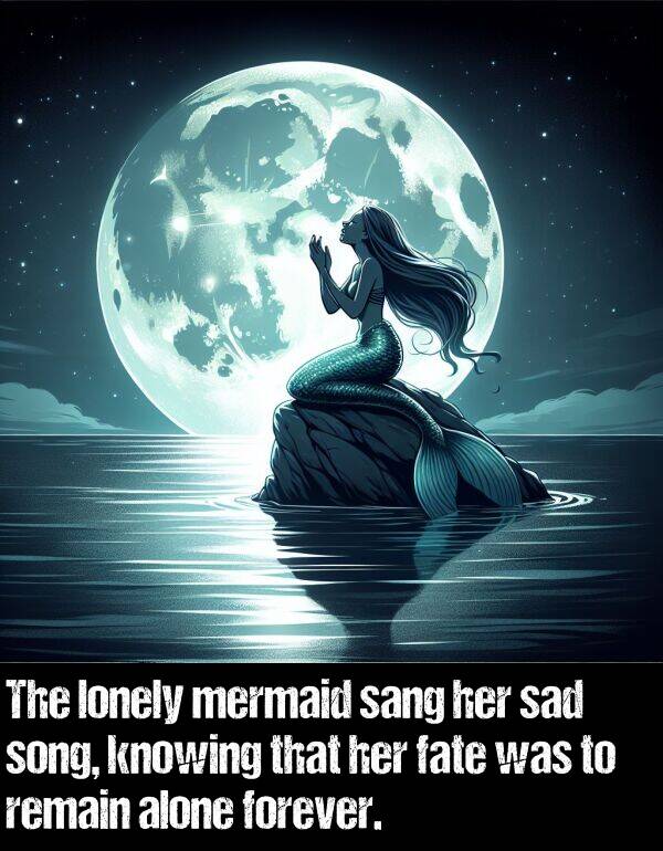 sad: The lonely mermaid sang her sad song, knowing that her fate was to remain alone forever.