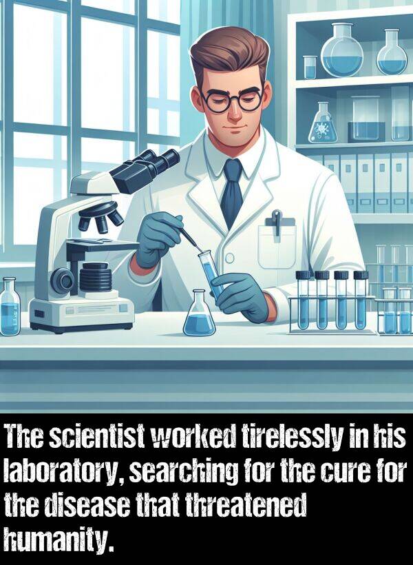searching: The scientist worked tirelessly in his laboratory, searching for the cure for the disease that threatened humanity.