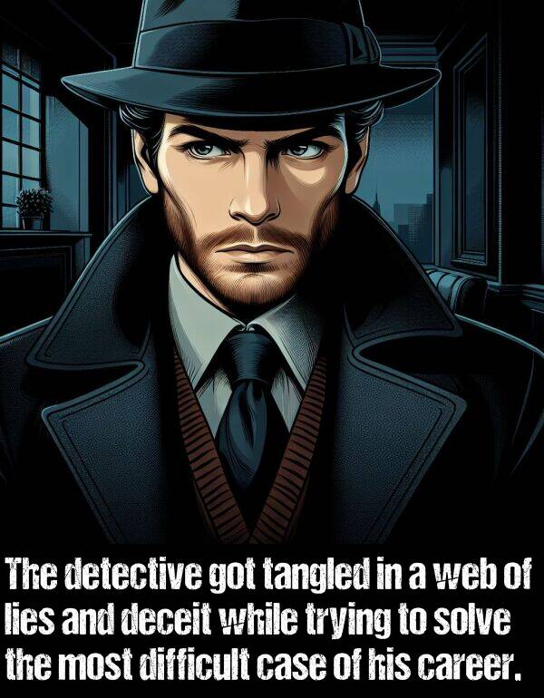 while: The detective got tangled in a web of lies and deceit while trying to solve the most difficult case of his career.