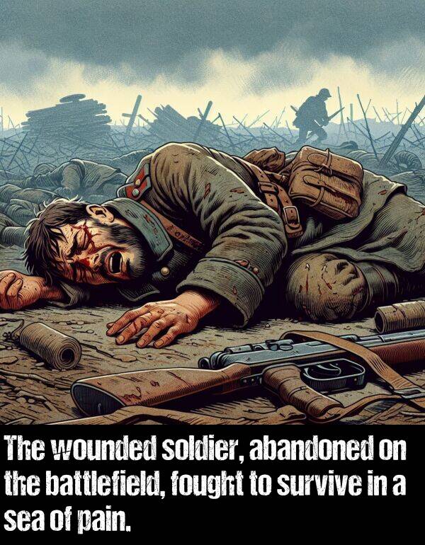 battlefield: The wounded soldier, abandoned on the battlefield, fought to survive in a sea of pain.