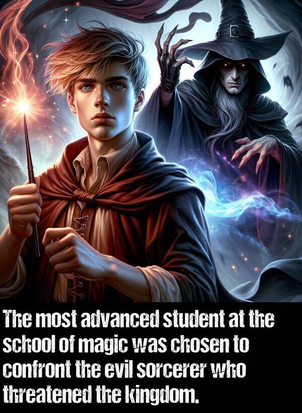school: The most advanced student at the school of magic was chosen to confront the evil sorcerer who threatened the kingdom.