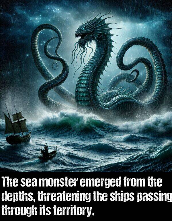 territory: The sea monster emerged from the depths, threatening the ships passing through its territory.