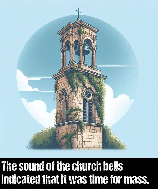 indicated: The sound of the church bells indicated that it was time for mass.