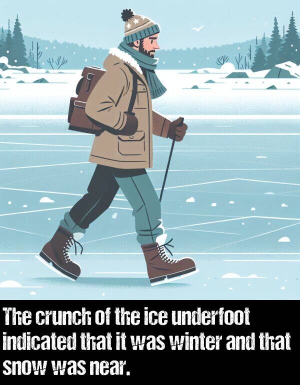 indicated: The crunch of the ice underfoot indicated that it was winter and that snow was near.