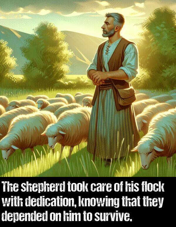 care: The shepherd took care of his flock with dedication, knowing that they depended on him to survive.