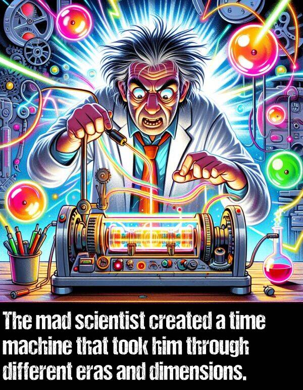 machine: The mad scientist created a time machine that took him through different eras and dimensions.