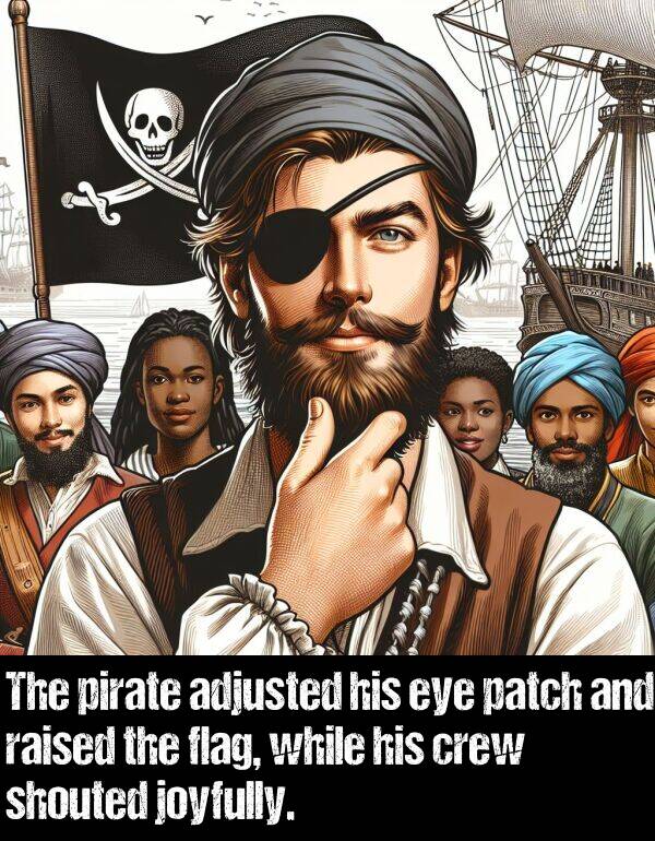 while: The pirate adjusted his eye patch and raised the flag, while his crew shouted joyfully.