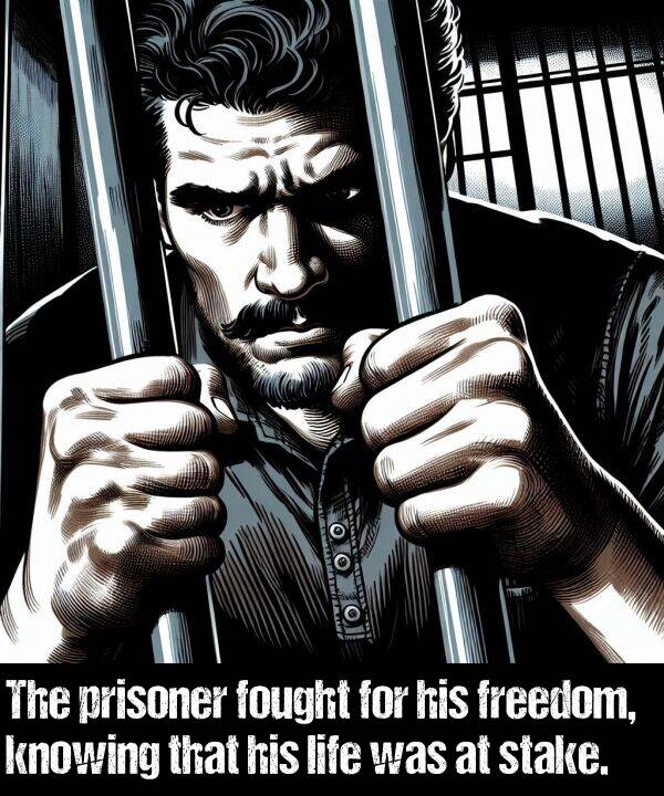 knowing: The prisoner fought for his freedom, knowing that his life was at stake.